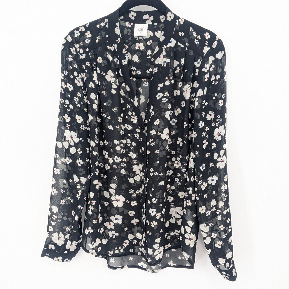 Cabi Sheer Blouse Womens Small Black‎ Floral Button Up Long Sleeve Top Office